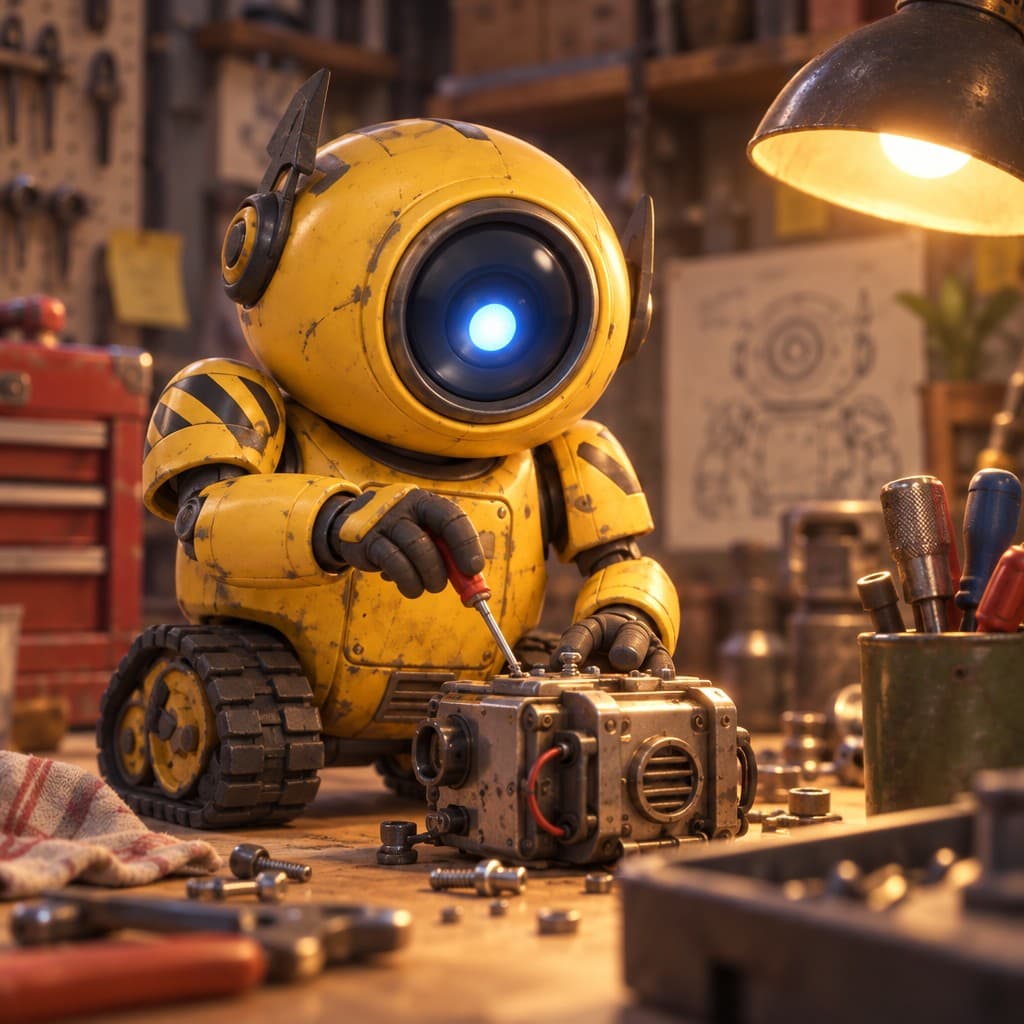 Bolt, 3D style: On a cluttered workshop bench holding a tiny screwdriver, lens-eye focused, warm lamp light