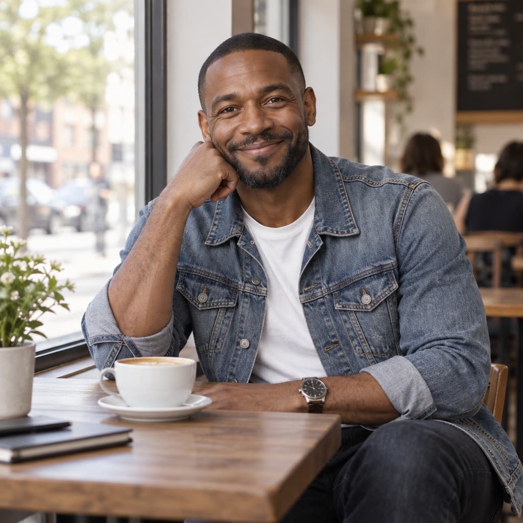 Marcus, Realistic style: At a cafe window seat with a flat white, morning light across the table, candid smile