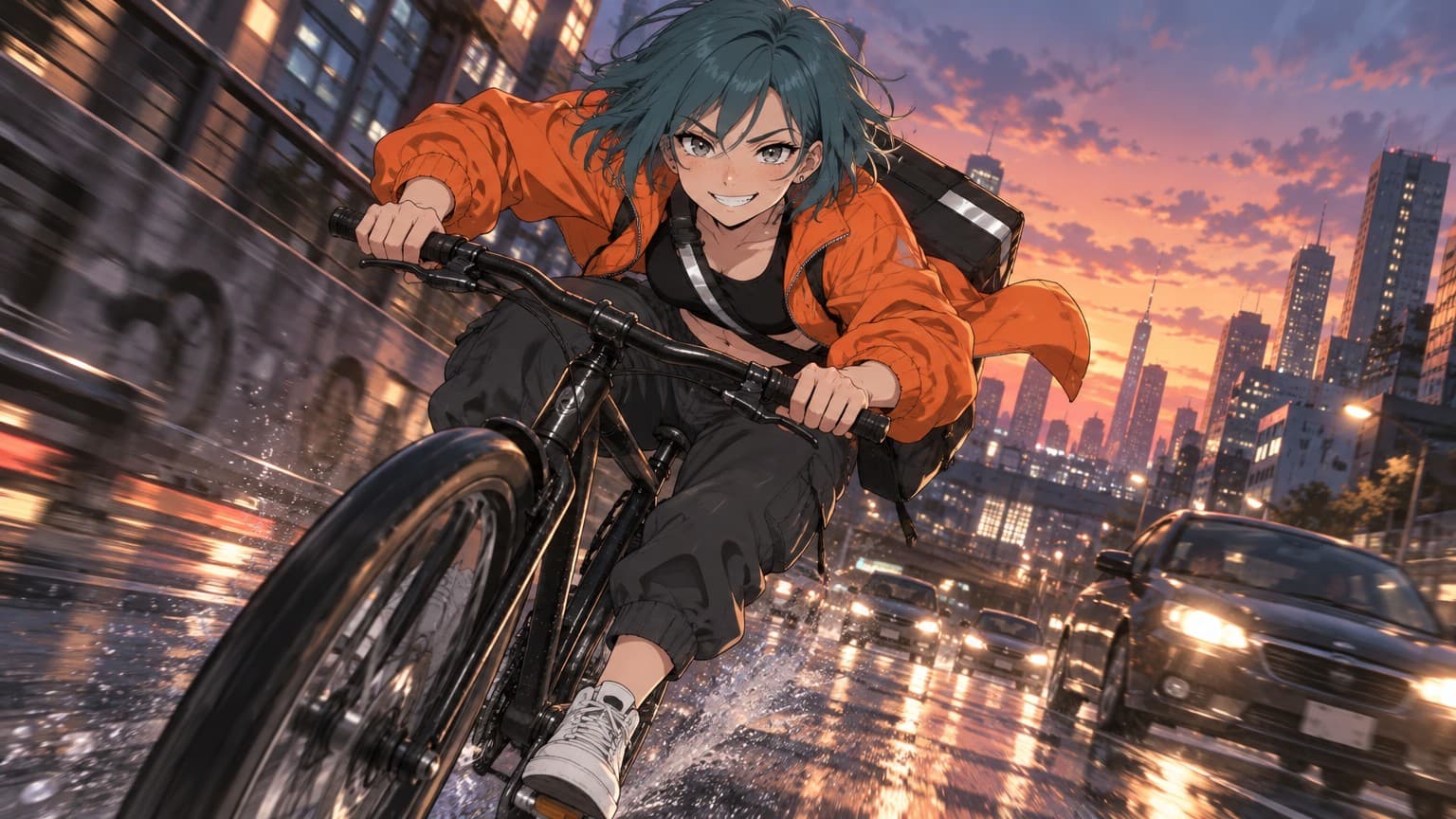 Nova: Racing a courier bike down a wet street at speed, motion lines, windbreaker flapping, low camera angle