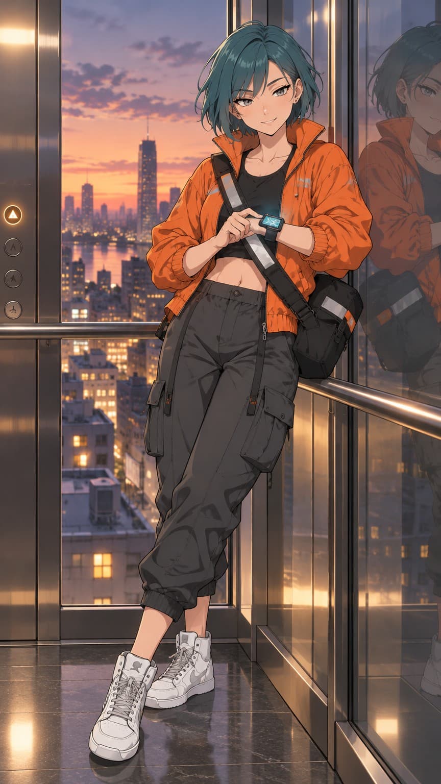 Nova: Leaning on the glass wall of an elevator, checking a wristband map, soft interior light, relaxed