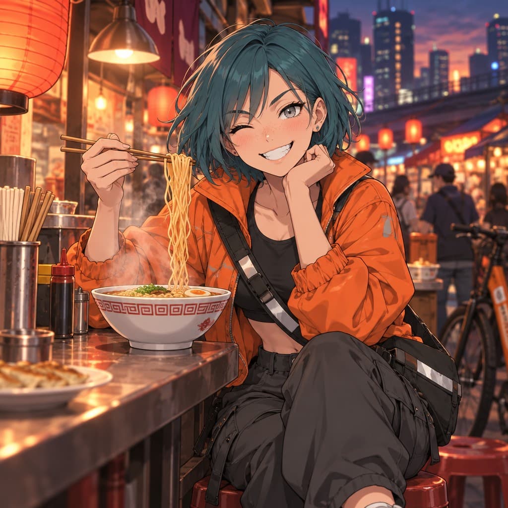 Nova: Eating noodles at a neon-lit night-market stall, steam rising, chopsticks mid-air, grinning