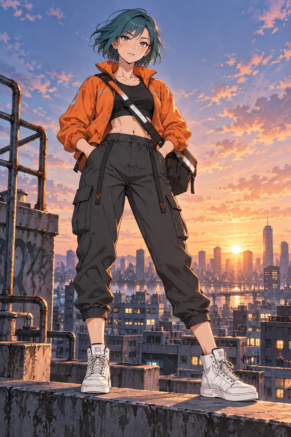 Nova: Standing on a rooftop ledge at dawn, city skyline behind her, wind in her hair, parcel bag slung across her chest