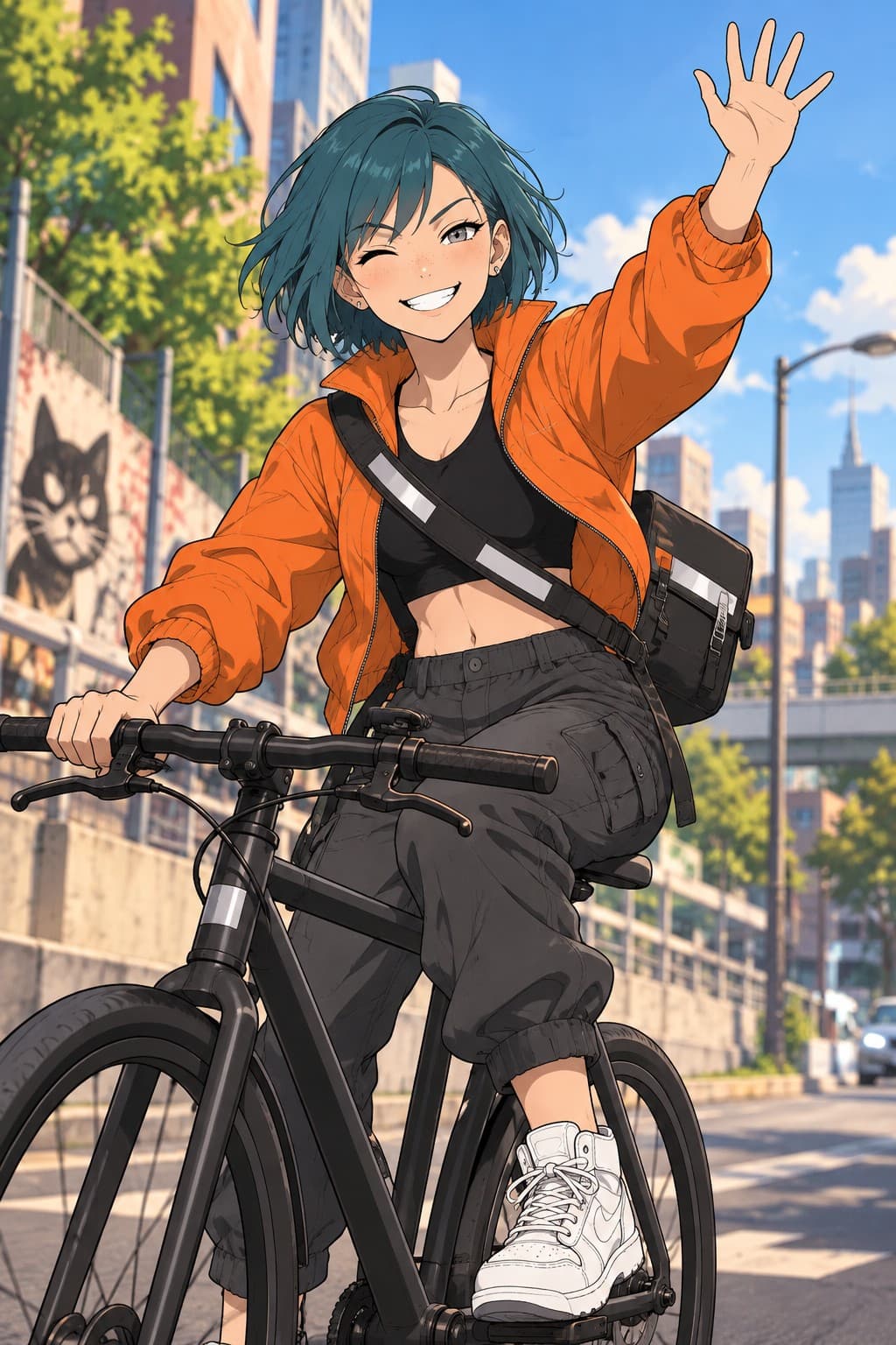 Nova in bold 2D cartoon style, waving from her courier bike