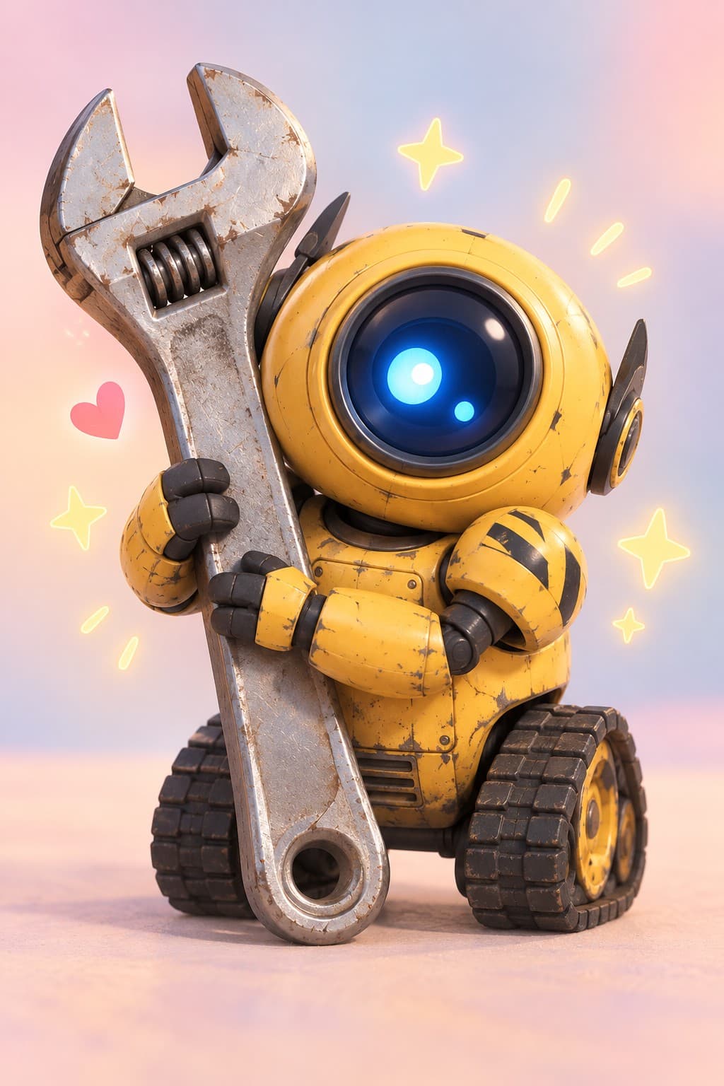 Bolt in chibi style, hugging an oversized wrench